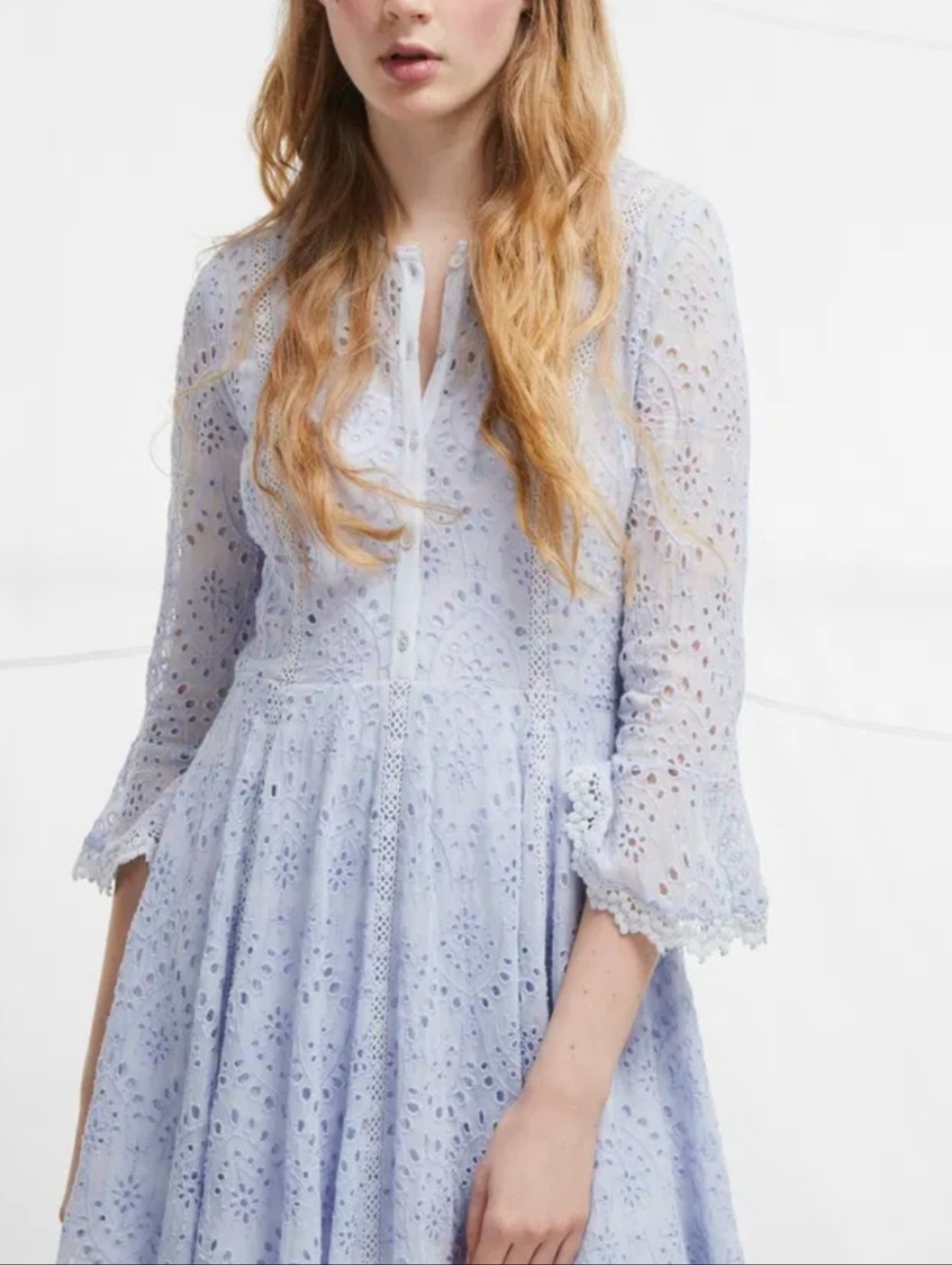 French Connection Light Purple Eyelet Lace Midi Dress Crochet Trim Fluted Sleeve